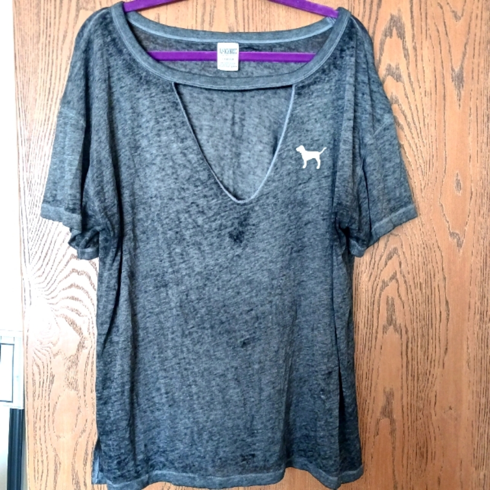 Victoria's Secret PINK large v neck dog logo burn out t-shirt
